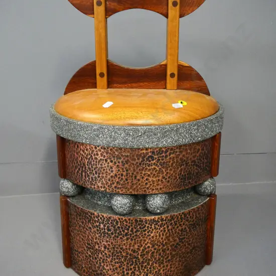 heavy large lidded timber, beaten copper and composite covering item - ice bucket? artwork? H-540 D-310