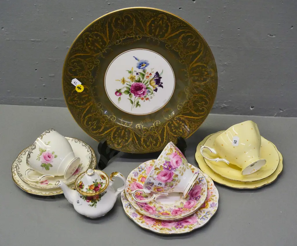3 trios - 2 are Royal Albert, 1 Salisbury, miniature Royal Albert teapot, Royal Worcester cabinet plate Image 1++
