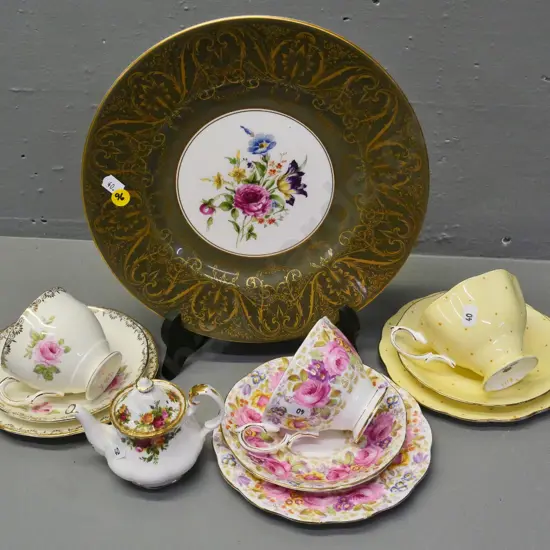 3 trios - 2 are Royal Albert, 1 Salisbury, miniature Royal Albert teapot, Royal Worcester cabinet plate