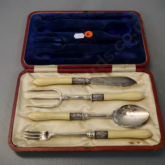 cased set of sterling silver bone handled small serving items