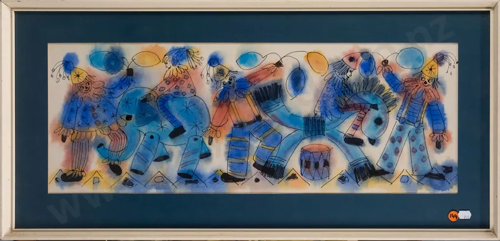 framed ink and watercolour - clowns H-200 W-550 Image 1++