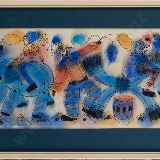framed ink and watercolour - clowns H-200 W-550