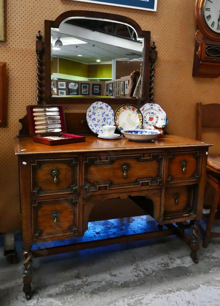 deco carved oak duchess w/ brass handles, bevelled mirror on Jacobean twist supports - wobbly H1620 W1130 D520 Image 1++