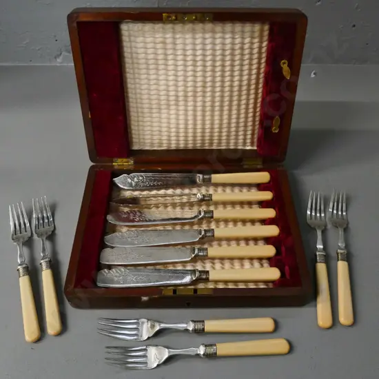wood-cased set of 6 fish knives & forks - bone handled with sterling silver collars