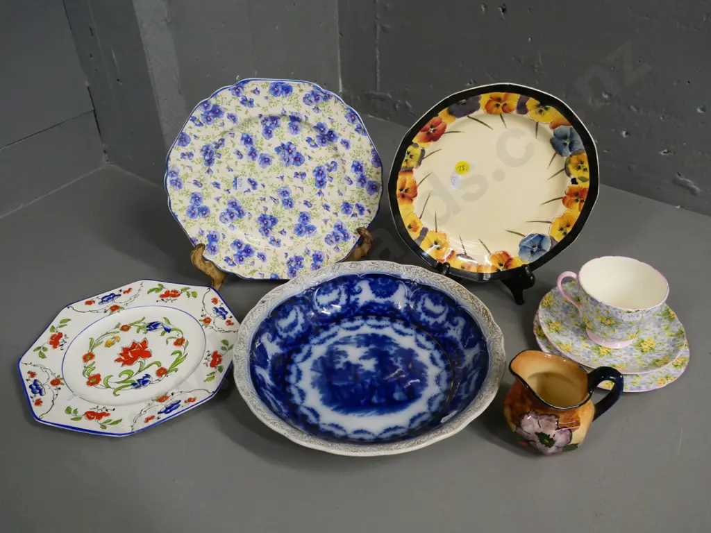 assorted English china including Shelley Primrose Chintz trio, Doulton pansy plate, flow blue bowl, etc. Image 1++