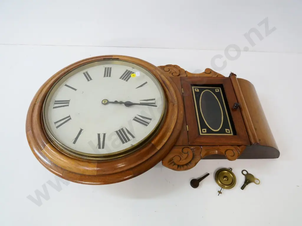 vintage carved wood-cased pendulum wall clock w/key, has Dunedin clockmaker label inside H670 W420 Image 1++