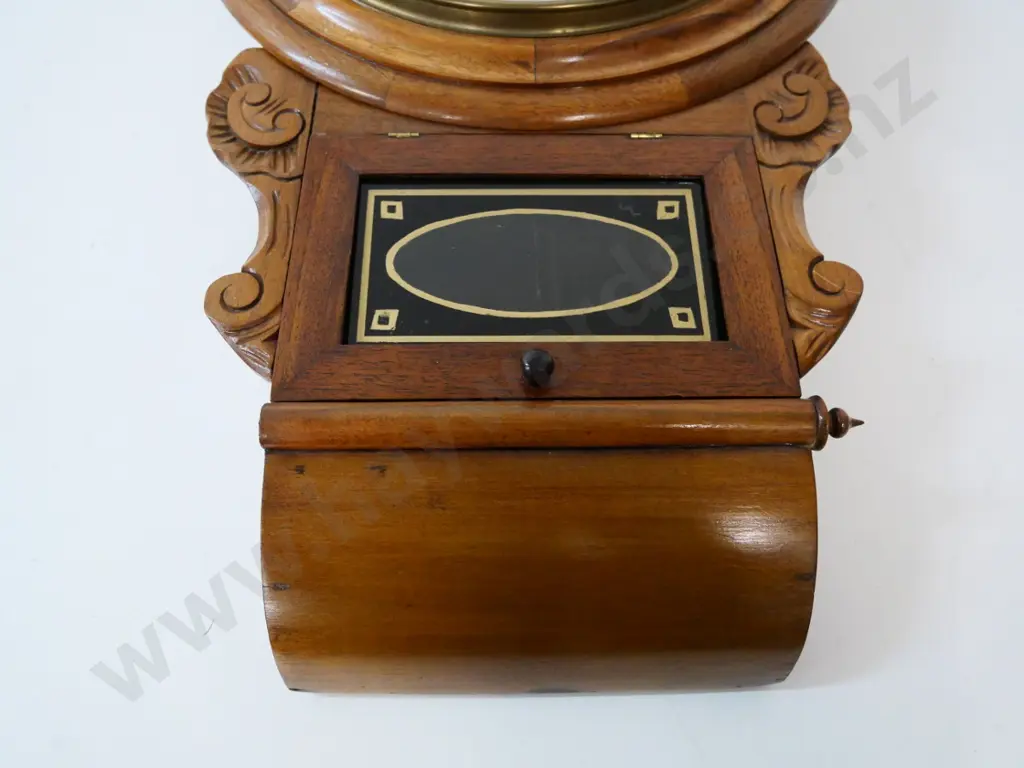 vintage carved wood-cased pendulum wall clock w/key, has Dunedin clockmaker label inside H670 W420 Image 1++