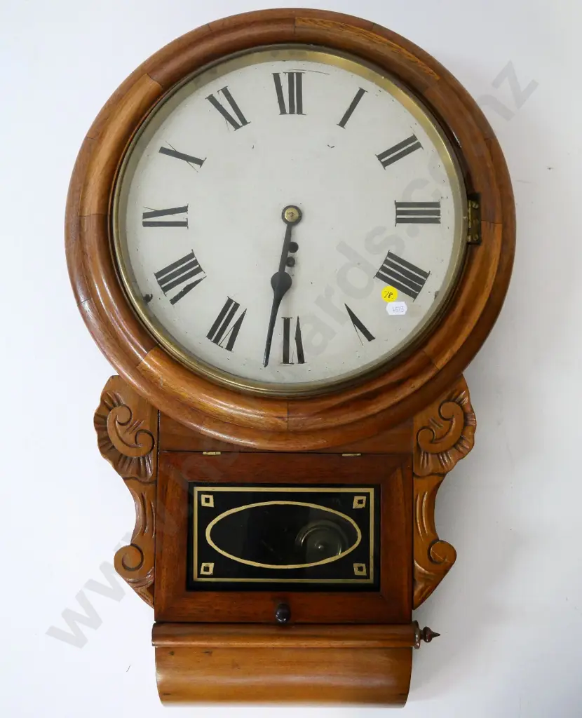 vintage carved wood-cased pendulum wall clock w/key, has Dunedin clockmaker label inside H670 W420 Image 1++