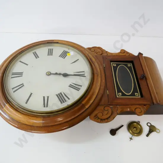 vintage carved wood-cased pendulum wall clock w/key, has Dunedin clockmaker label inside H670 W420