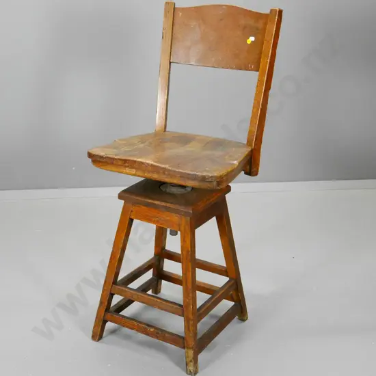 vintage oak swivel work chair on stool base - splitting, seat wobbles due to worn mechanism H-1010 W-430 D-420