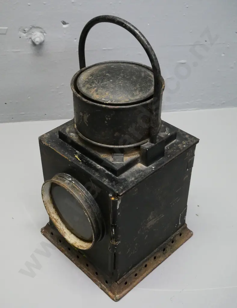 NZR guards van  lantern with 1 clear & 1 red glass lens - 180 x 180 x H-370 including handle - chips to finish Image 1++