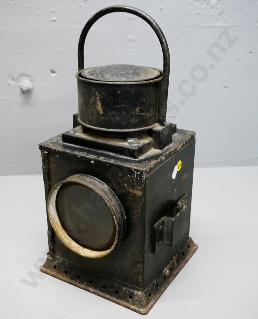 NZR guards van  lantern with 1 clear & 1 red glass lens - 180 x 180 x H-370 including handle - chips to finish Image 1++