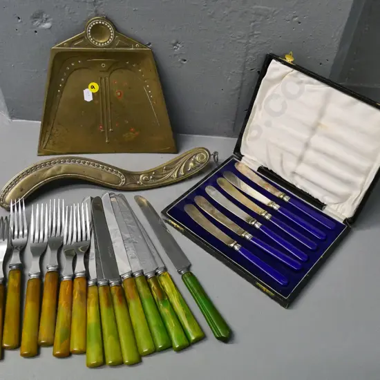 cased set of purple-handled dessert knives, stainless cutlery w/mottled green handles, brass tray and brush set