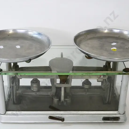 heavy metal glass-encased balance scales - marked 'Torsion Balance' H-240 W-410 D-200