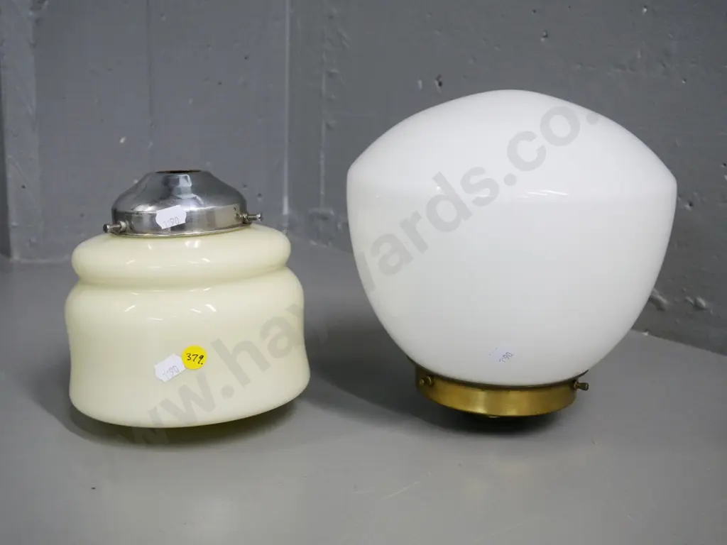 2 glass ceiling light shades - white has brass journal H-200 D-210 & cream one has chrome journal Image 1++