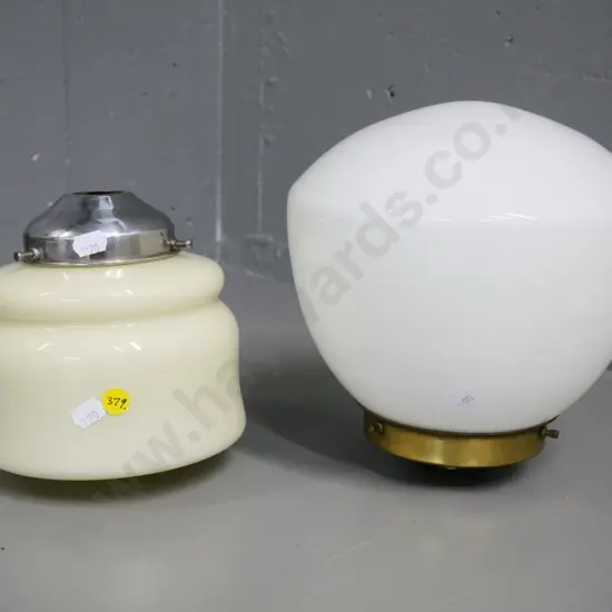 2 glass ceiling light shades - white has brass journal H-200 D-210 & cream one has chrome journal