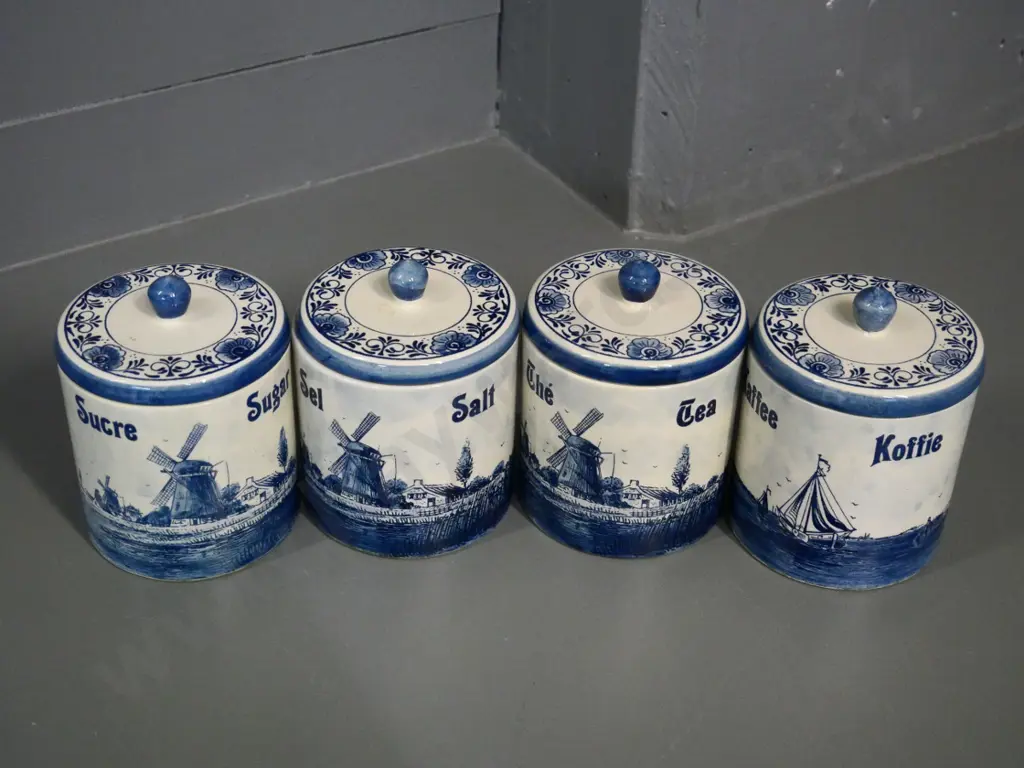 set of 4 Delft blue & white lidded kitchen canisters - all are H-140 Image 1++