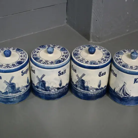 set of 4 Delft blue & white lidded kitchen canisters - all are H-140