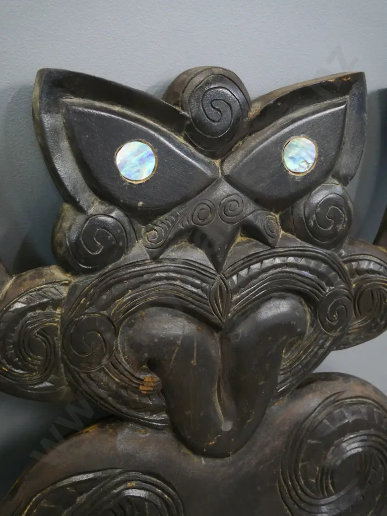two carved wooden Maori squatting figures with paua eyes - maybe have been table supports H-430 W-460 Image 1++