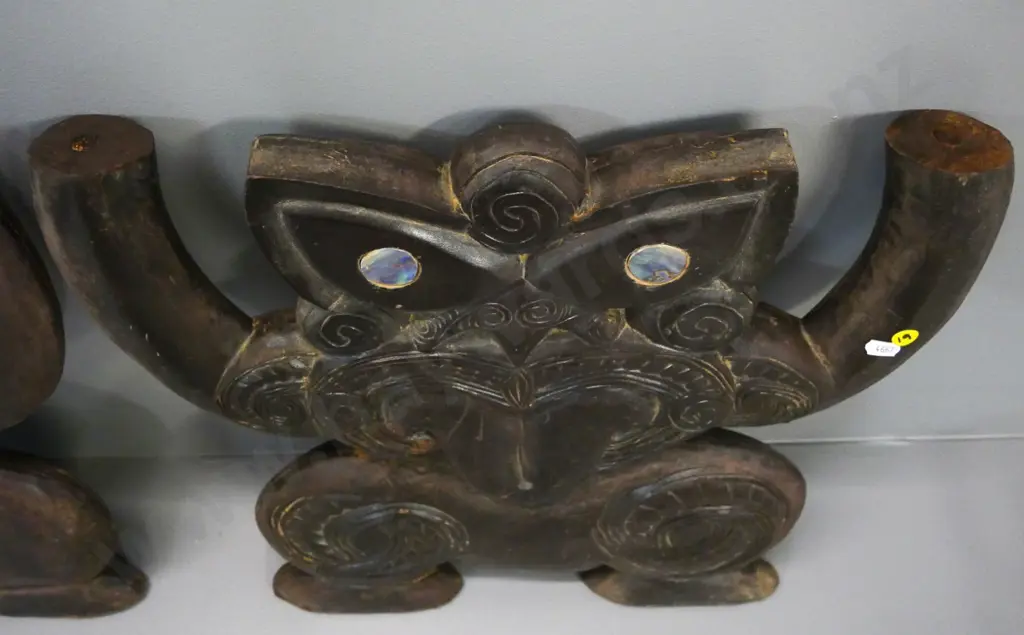 two carved wooden Maori squatting figures with paua eyes - maybe have been table supports H-430 W-460 Image 1++