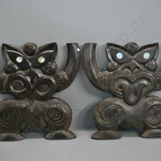 two carved wooden Maori squatting figures with paua eyes - maybe have been table supports H-430 W-460