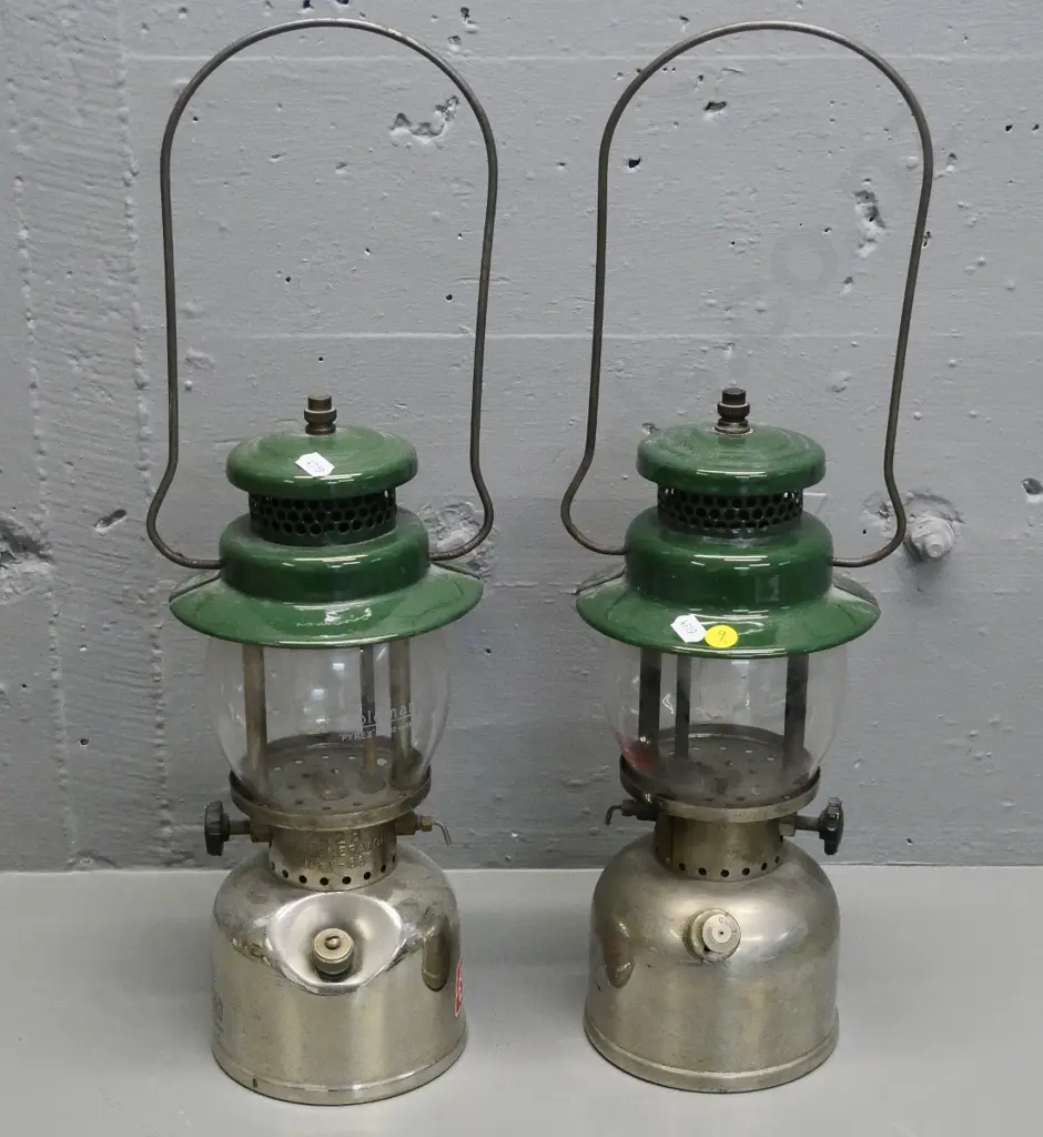 2 dark green enamel Coleman white spirit lanterns H-330 W-160 Image 1++