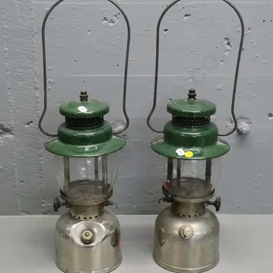 2 dark green enamel Coleman white spirit lanterns H-330 W-160