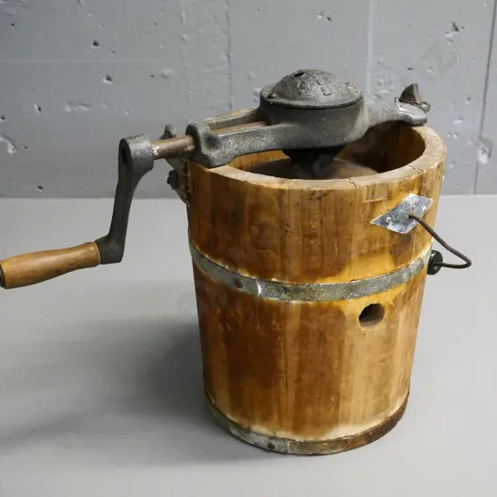 vintage small wood & metal hand-crank ice cream maker - top stamped White Mountain Freezer H-260
