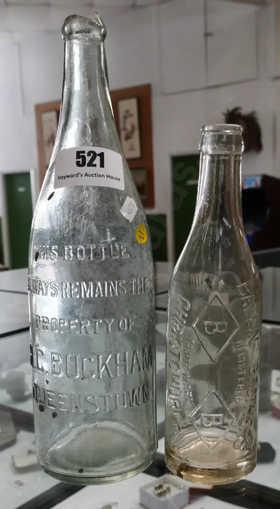 2 vintage New Zealand bottles - HC Buckham Queenstown (broken rim) H-300 and Ballin Bros Christchurch Image 1++