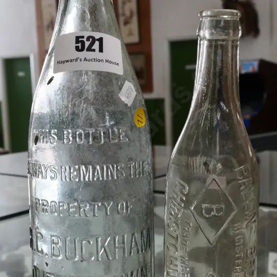 2 vintage New Zealand bottles - HC Buckham Queenstown (broken rim) H-300 and Ballin Bros Christchurch