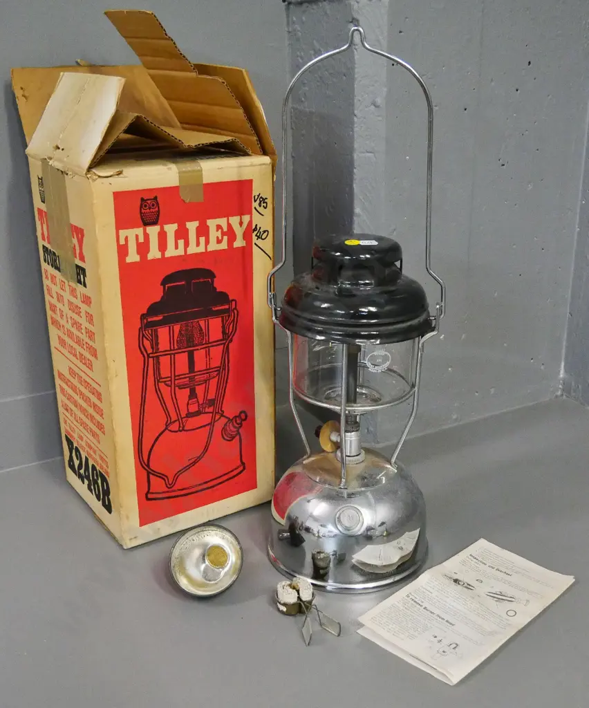 vintage Tilley white spirit lantern H-330 W-160 with  filling funnel and original box and Image 1++
