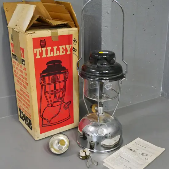 vintage Tilley white spirit lantern H-330 W-160 with  filling funnel and original box and