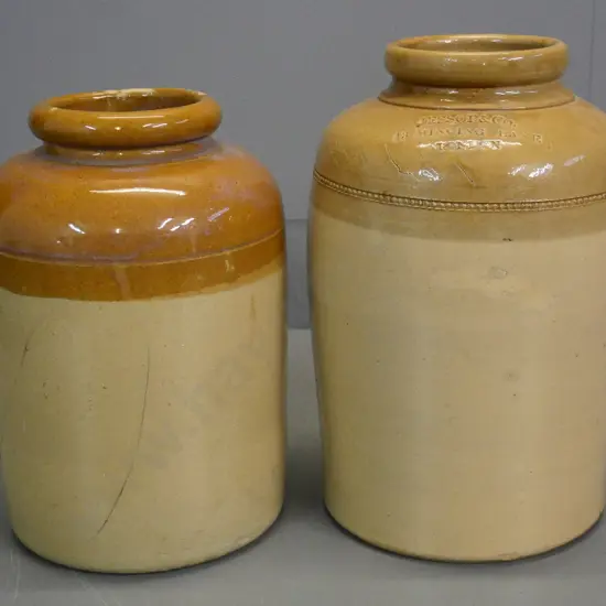 2 vintage wide-mouth crocks - Jessop & Co. Mincing Lane London H-330 D-200, other unmarked