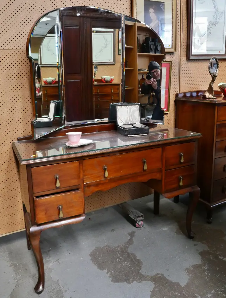 deco beech mirror-back 5-drawer dresser with bakelite drop handles, plate glass top, bevelled mirror H1670 W1180 D490 Image 1++