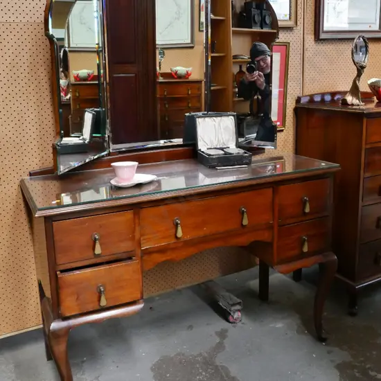 deco beech mirror-back 5-drawer dresser with bakelite drop handles, plate glass top, bevelled mirror H1670 W1180 D490