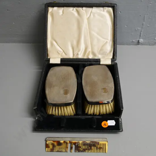 cased sterling silver backed brush and comb set - damage to teeth of comb