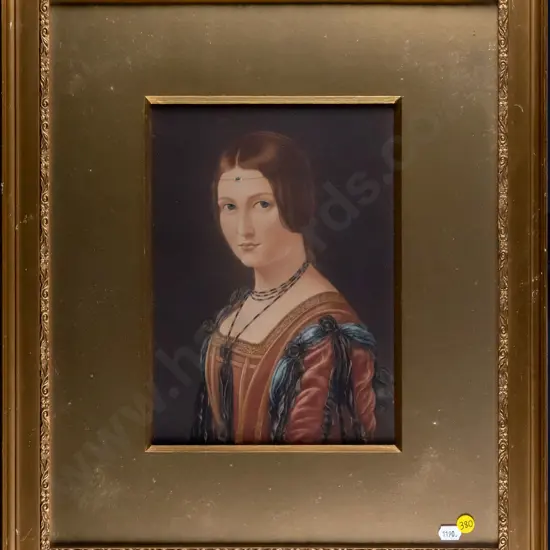 gilt-framed chromolithograph print - portrait of a lady. Some dirt under glass, chips to finish. H-270 W-195