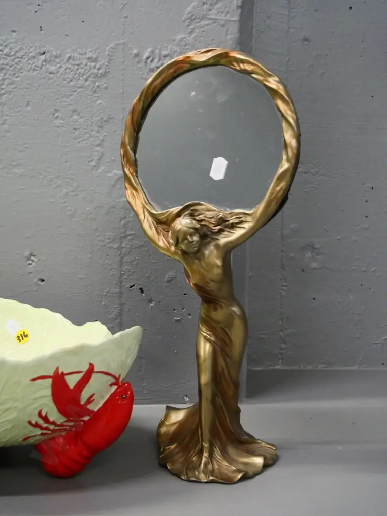 Carlton ware crayfish pattern footed salad bowl - some staining - and a composite deco style figural framed mirror H-340 Image 1++