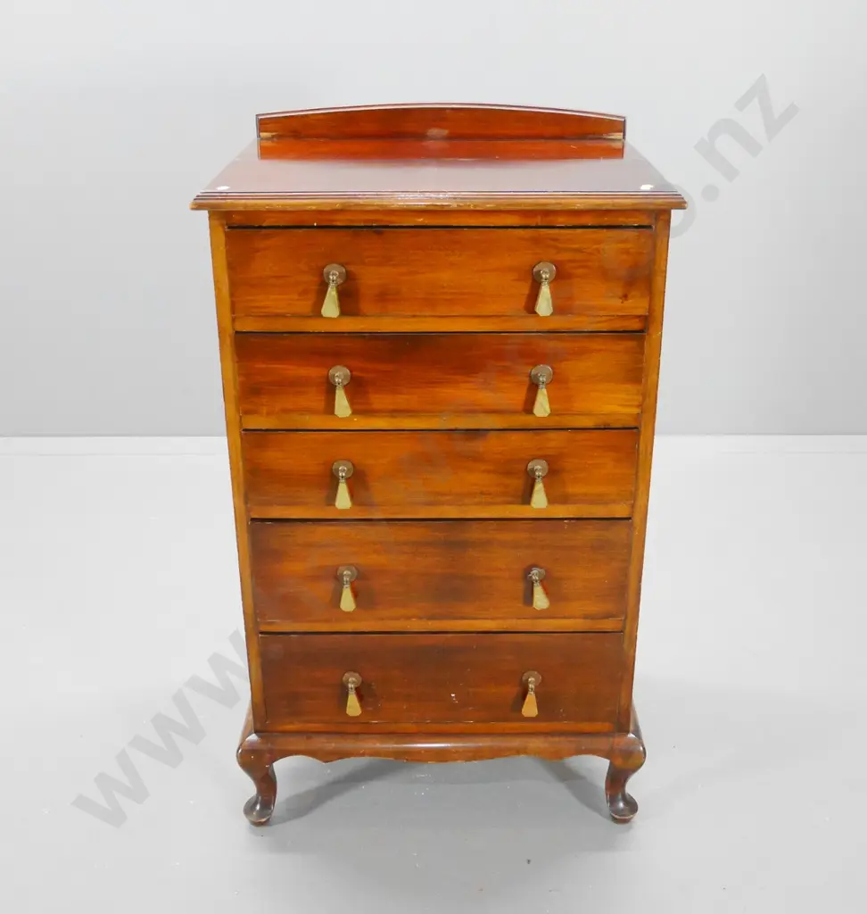 deco beech 5-drawer tallboy with bakelite drop handles, plate glass top, wear to polish H-1040 W-610 D-450 Image 1++