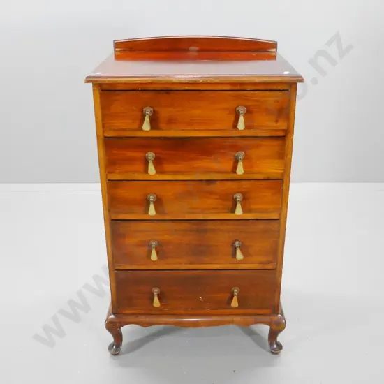 deco beech 5-drawer tallboy with bakelite drop handles, plate glass top, wear to polish H-1040 W-610 D-450