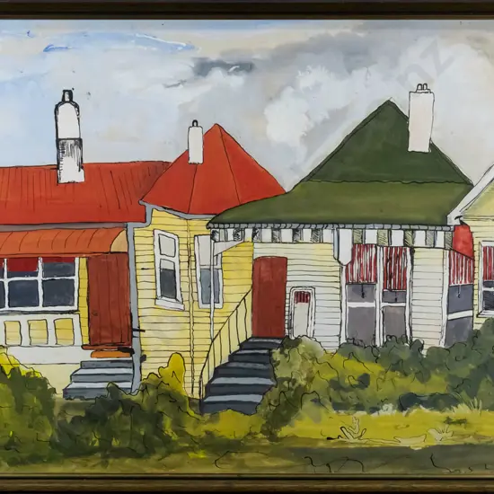 framed watercolour - houses H-430 W-680