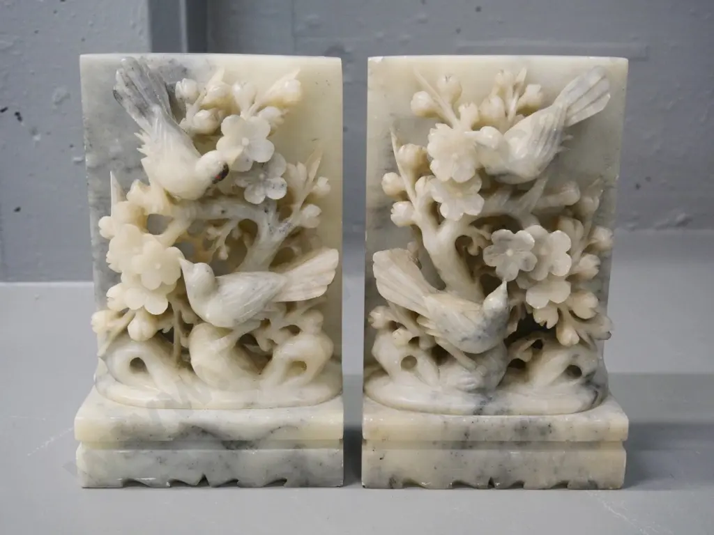 pair of Chinese carved soapstone book-ends with bird and blossom motif H-180 W-110 D-60 Image 1++