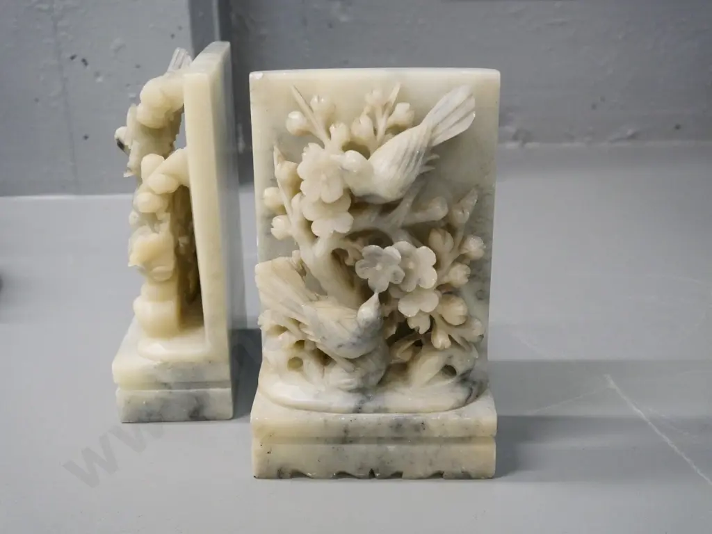 pair of Chinese carved soapstone book-ends with bird and blossom motif H-180 W-110 D-60 Image 1++