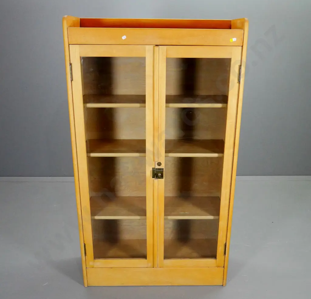 rimu bookcase with 2 glazed doors, 3 adjustable shelves, low gallery on top, brass hardware H1420 W800 D300 Image 1++