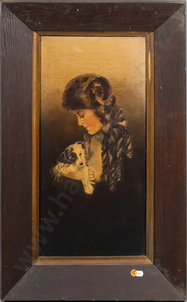 oak framed oil on board - woman with dog H-500 W-240 Image 1++