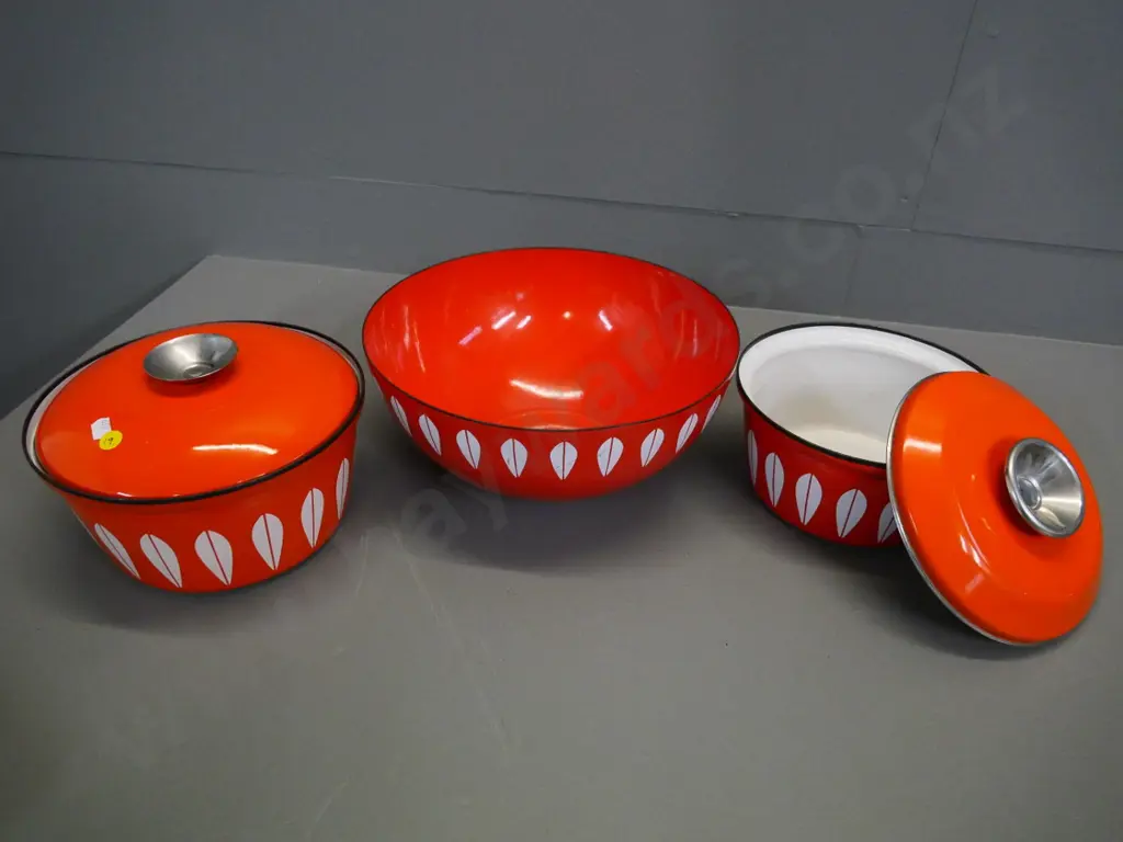 3 pieces of Cathrineholm Norway enamelled metal ware - salad bowl H120 D-280 and 2 lidded casseroles Image 1++