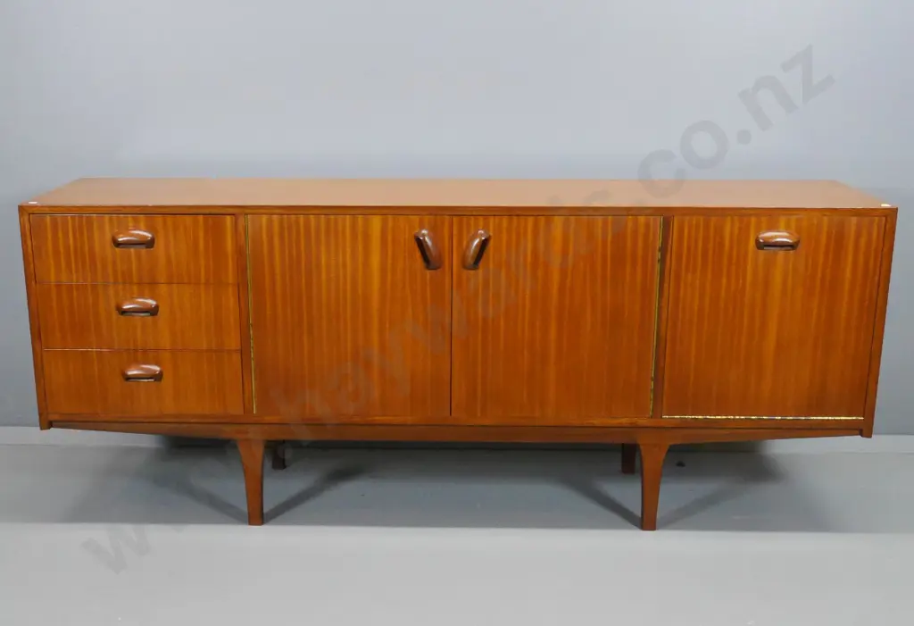 mid-century mahogany sideboard w/ 3 cupboards, one is drop-down, 3 drawers, one is cutlery lined H-740 W-1820 D-410 Image 1++