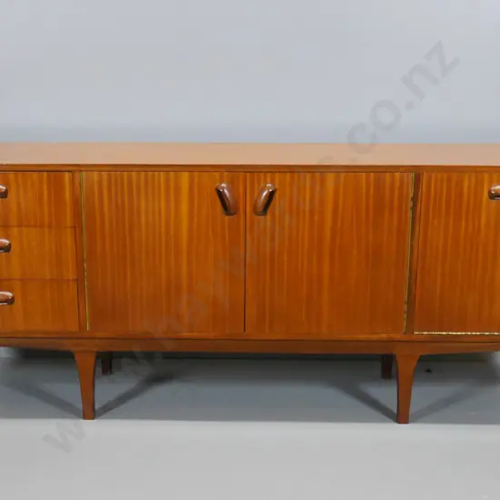 mid-century mahogany sideboard w/ 3 cupboards, one is drop-down, 3 drawers, one is cutlery lined H-740 W-1820 D-410