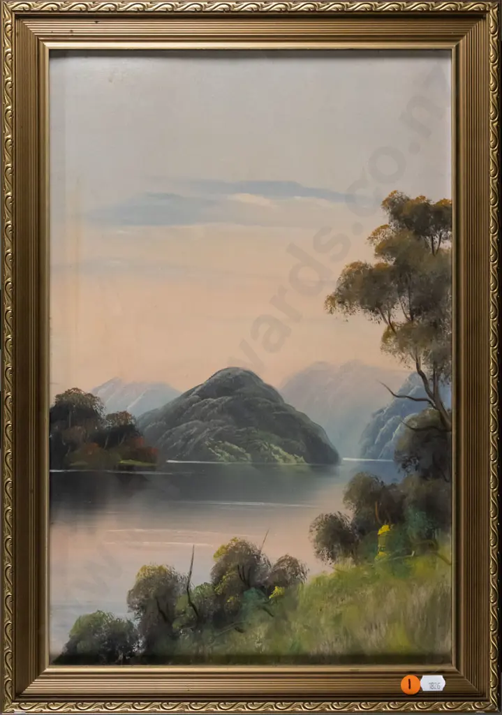 framed oil on board - lake and mountain scene (slight age damage) H-40 W-290 Image 1++