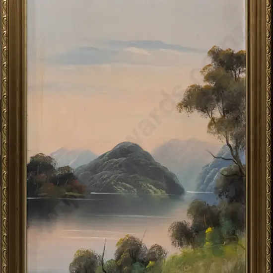 framed oil on board - lake and mountain scene (slight age damage) H-40 W-290